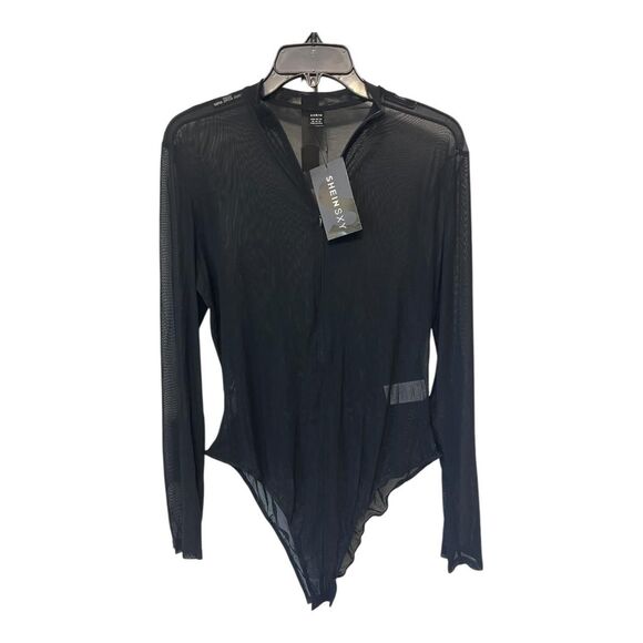 SHEIN Black Sheer Mesh Zip Down Long Sleeve Super Stretchy Bodysuit Size XL - Picture 1 of 8